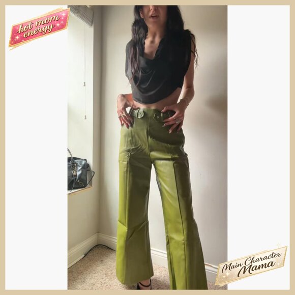 Faux Leather Wide Leg Pants High Waist Pleated Palazzo Trousers Chic Streetwear - Picture 5 of 7